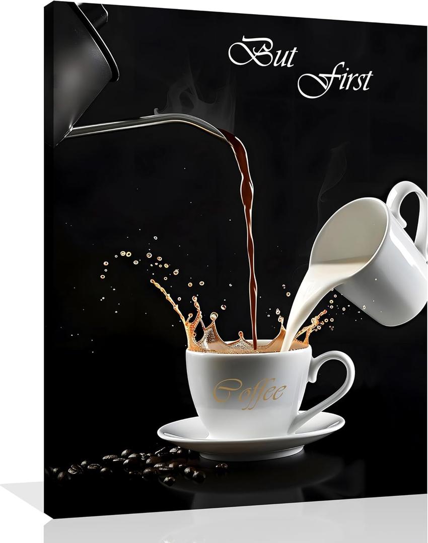 OWNANRTHM Coffee Canvas Wall Art But First Coffee Sign Poster Abstract Coffee Pictures for Coffee Bar for Kitchen Dining Room Wall Decor Framed 8X10 inch