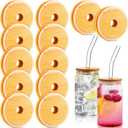 12 Pieces 16oz Bamboo Lids for Glass Cups, Wooden Lids for Beer Can Jars, Mason Jar Covers with Straw Hole 70 Mm/2.75 Inch Replacement Covers, Glasses and Straw Not Included