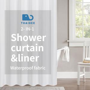 2-in-1 Waterproof Fabric Shower Curtain or Liner,Linen Textured,Breathable TPU & Washable Bathroom Shower Curtain Set with 12 Plastic Hooks,72"x72",White