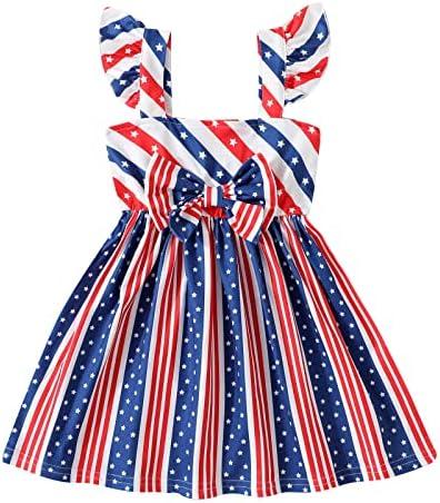 NUBEEHOHO Girls 4th of July Dress Toddler American Flag Flutter Sleeve Bowknot Sundress Baby Stars Stripes Patriotic Clothes 4Y