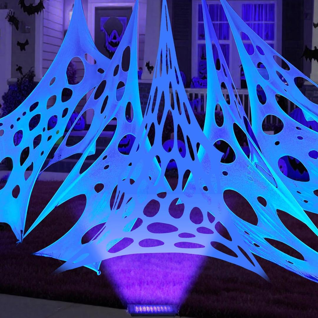 Glow in The Dark White 1000 Sqft Uncut Giant Spider Web Halloween Decorations Outdoor with 1 Black Light &10 Ground Nails Stretchy Beef Cloth Netting DIY Flexible Elastic for Yard Party Decor
