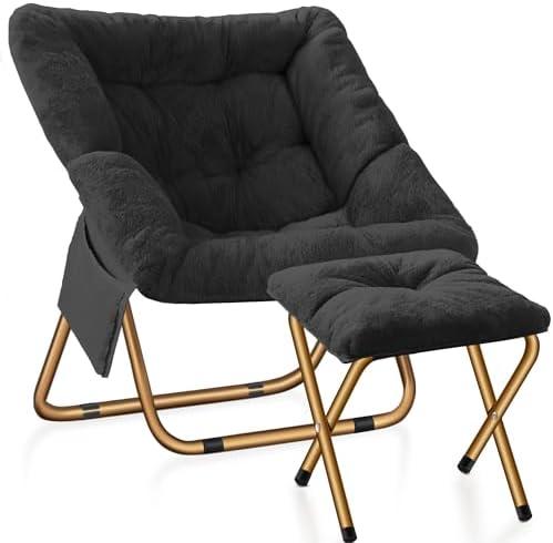 Kasunpul Comfy Saucer Chair, Foldable Living Room Chairs, Soft Faux Fur Lounge Chair for Bedroom, Reading Chairs for Adults, Kids, X-Large (Black)