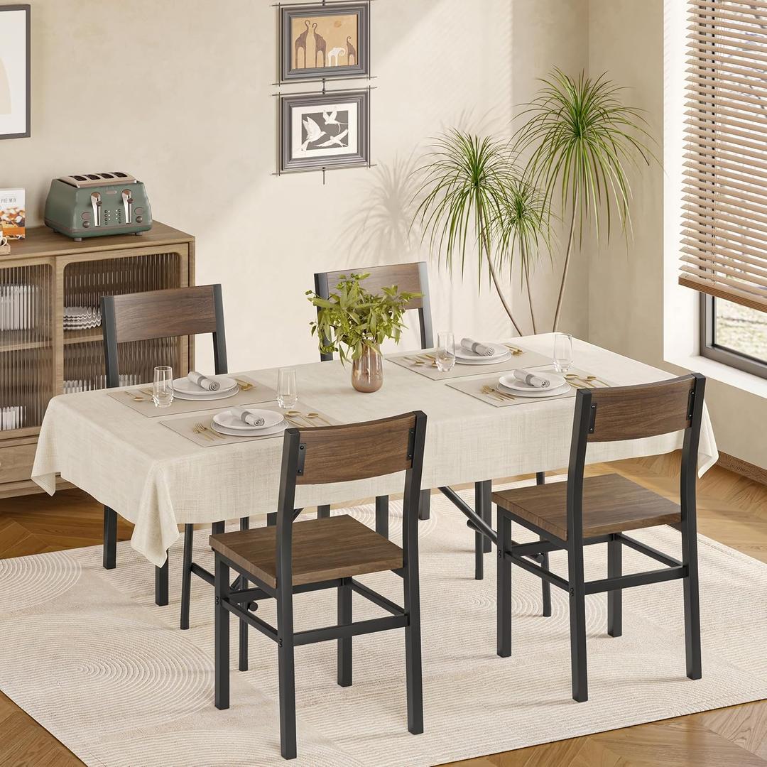 MECHYIN Dining Chairs Set of 4, Rustic Wood Dining Room Chairs with Thickened and Strengthened Metal Steel Frame & Slat Back, Modern Farmhouse Chair for Kitchen, Dining Room (4, Nut-Brown)