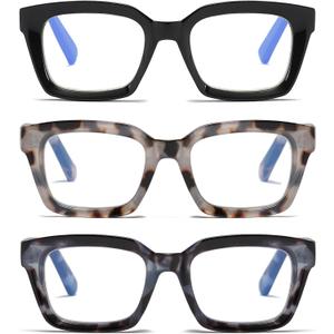 3 Pack Oversize Square Design Reading Glasses for Women, Blue Light Blocking Computer Reader (Black&Grey Leopard&Blue Leopard, 2.25)