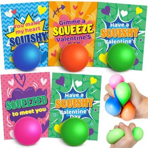 OCHIDO 28 Packs Kids Valentine's Day Greeting Cards with Squeeze Ball Set, Valentine Exchange Cards for Girls Boys School Class Prizes, Stretchy Balls Sensory Squeeze Toys, Bulk, Valentine Party Favor