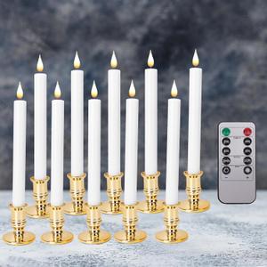 POQCCT LED Flameless Window Candles with Remote Timer 10 PCS Battery Operated Flickering Taper Candle Lights with Removable Gold Candle Holders Best Gift for Xmas Wedding Home Dinner Decor
