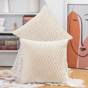 MADIZZ Set of 2 Super Soft Velvet Decorative Throw Pillow Covers 20x20 inch Beige Square with Texture Luxury Style Cushion Case Pillow Shell for Sofa Bedroom