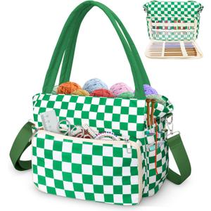 DALINDA Crochet Bag and Tote - Yarn Bag Crochet Storage Bag for Crochet Supplies, Crochet Accessories, Knitting Bag for Crochet Lovers, Ideal Crochet Gifts (Green Plaid)