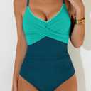 Aidonger Women's One Piece Swimsuit Tummy Control Front Cross Bathing Suit Color Block Slim Tie Back High Waisted Swimwear (Blue, L)