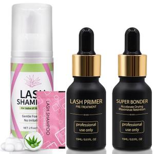 Lash Bonder Primer and Shampoo Kit for Eyelash Extensions, Glue Accelerator Lash Sealant, Pre-treatment Primer Protein Oil Cleanse Remover, Makeup Tools for Professional Use (15ml+15ml+60ml)