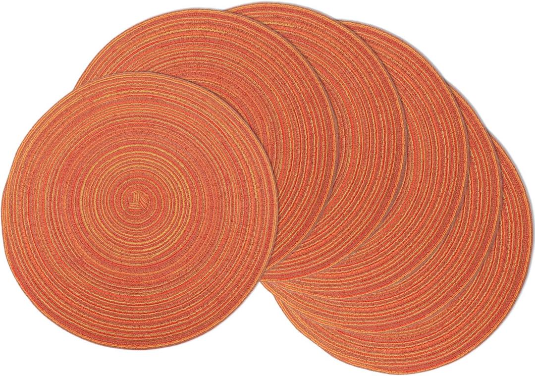 Braided Round Placemats Set of 6, Woven Washable Non-Slip Table Mats for Kitchen Dining, 15 Inch, Heat Resistant - Natural Fabric Indoor Outdoor Place Mats(Orange)