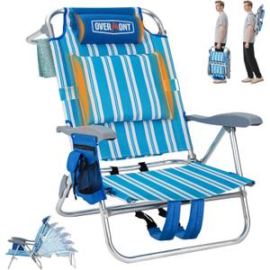Overmont Low Beach Chair with Cooler Bag - 6-Positions Lay Flat with Ergonomic Armrests- Wide Seat with Lumbar Support, Towel Holder- Heavy-Duty 330lbs Support- Perfect for Summer, Travel & Relaxation, 1pc