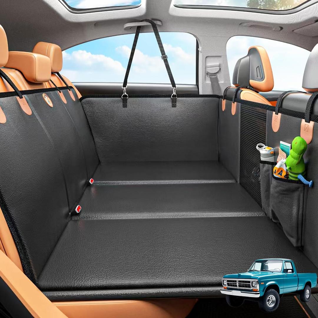 MYJAQI Back Seat Extender for Dogs, Hard Bottom Dog Car Seat Cover for Truck Back Seat, Dog Hammock for Car, Upgraded PU Leather Material, Larger Space, Holds 400lbs, Black+Orange, XL