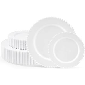 60PCS White Plastic Plates - Fancy Disposable Beaded Plates Include 30 Dinner Plate 10 & 30 Dessert Disposable Plate 7.5 for Birthday, Baby Shower Spring, Wedding & Party