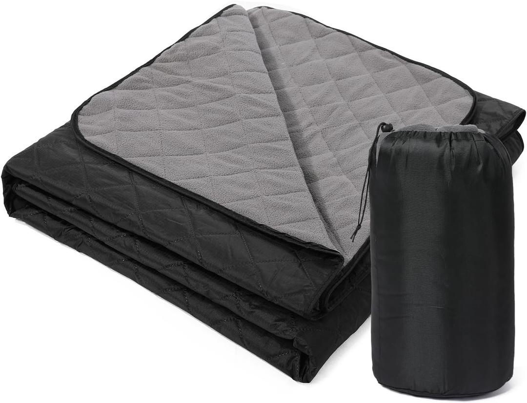 HURRISE Quilted Fleece Camping Blanket, Polar Fleece Lining, Large Size, Drawstring Sack, for Camping, Picnic, Stadium (Black)