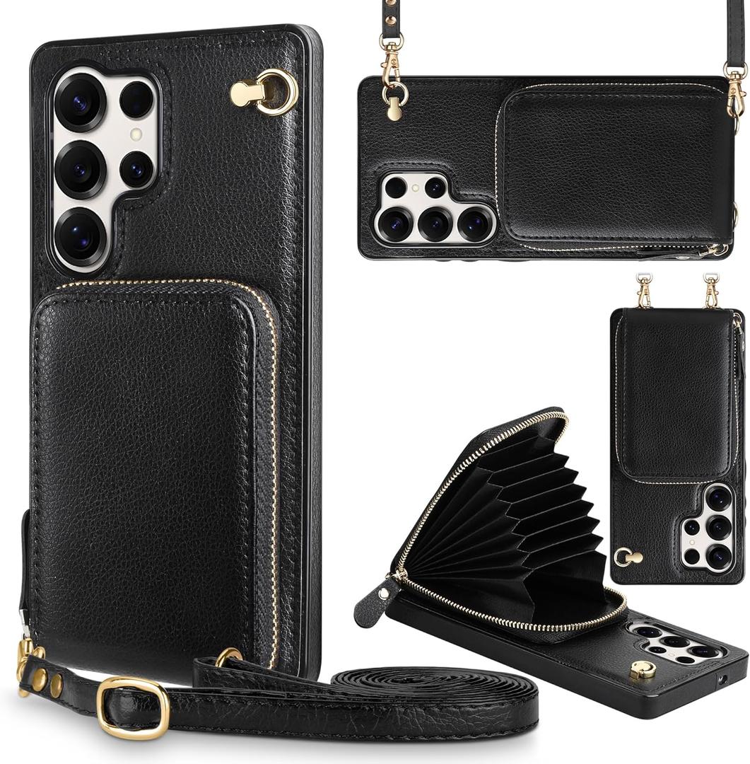 JAKPAK for Samsung Galaxy S25 Ultra Case with Card Slots Holder Zipper Leather Cover with Crossbody Lanyard Cell Pocket Phone Wallet RFID Blocking Handbag Purse 6.9inch Black