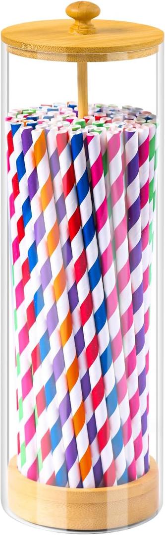 Acrylic Straw Holder For Counter With Bamboo Lid, Straw Dispenser Organizer For Home, Clear Plastic Drinking Straw Storage Container