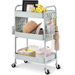 TOOLF 3-Tier Rolling Cart, Metal Utility Storage Cart with DIY Pegboards, Art Craft Trolley with Baskets Hooks, Serving Organizer Easy Assemble for Office, Home, Kitchen, Classroom (Green)