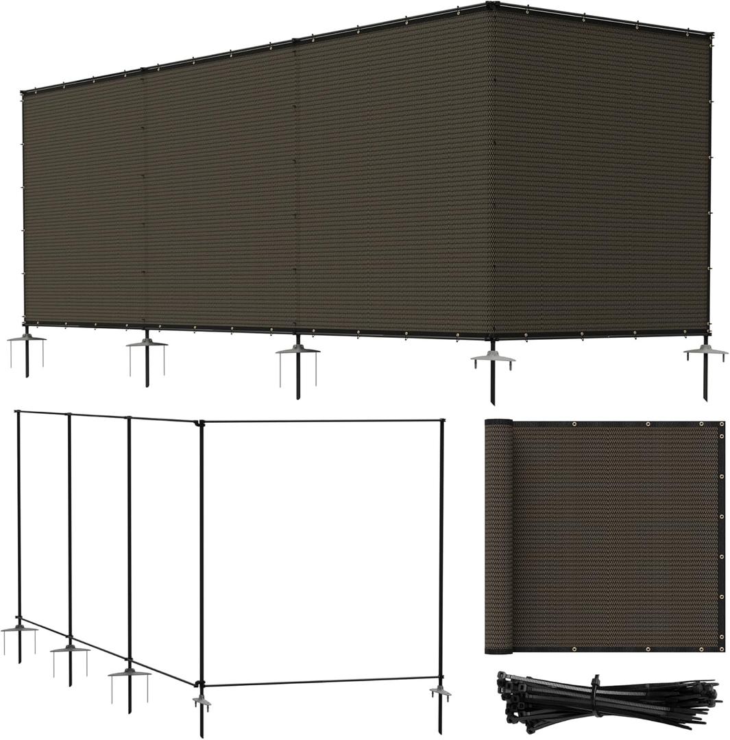 Bynbbur 5'x24' Outdoor Privacy Screen Freestanding with Iron Poles and Stakes, Temporary Dog Fencing, Backyard Divider, Metal Garden Fence for Pool Patio Barrier Border, Brown