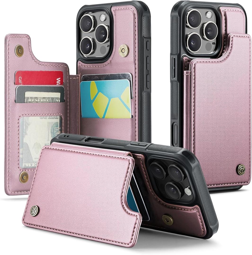 Compatible with iPhone 16 Pro 6.3" Wallet Case with Card Holder RFID Blocking for Women Men, Double Magnetic Clasp Kickstand Shockproof Phone Case Fit for iPhone 16 Pro, Rose Gold