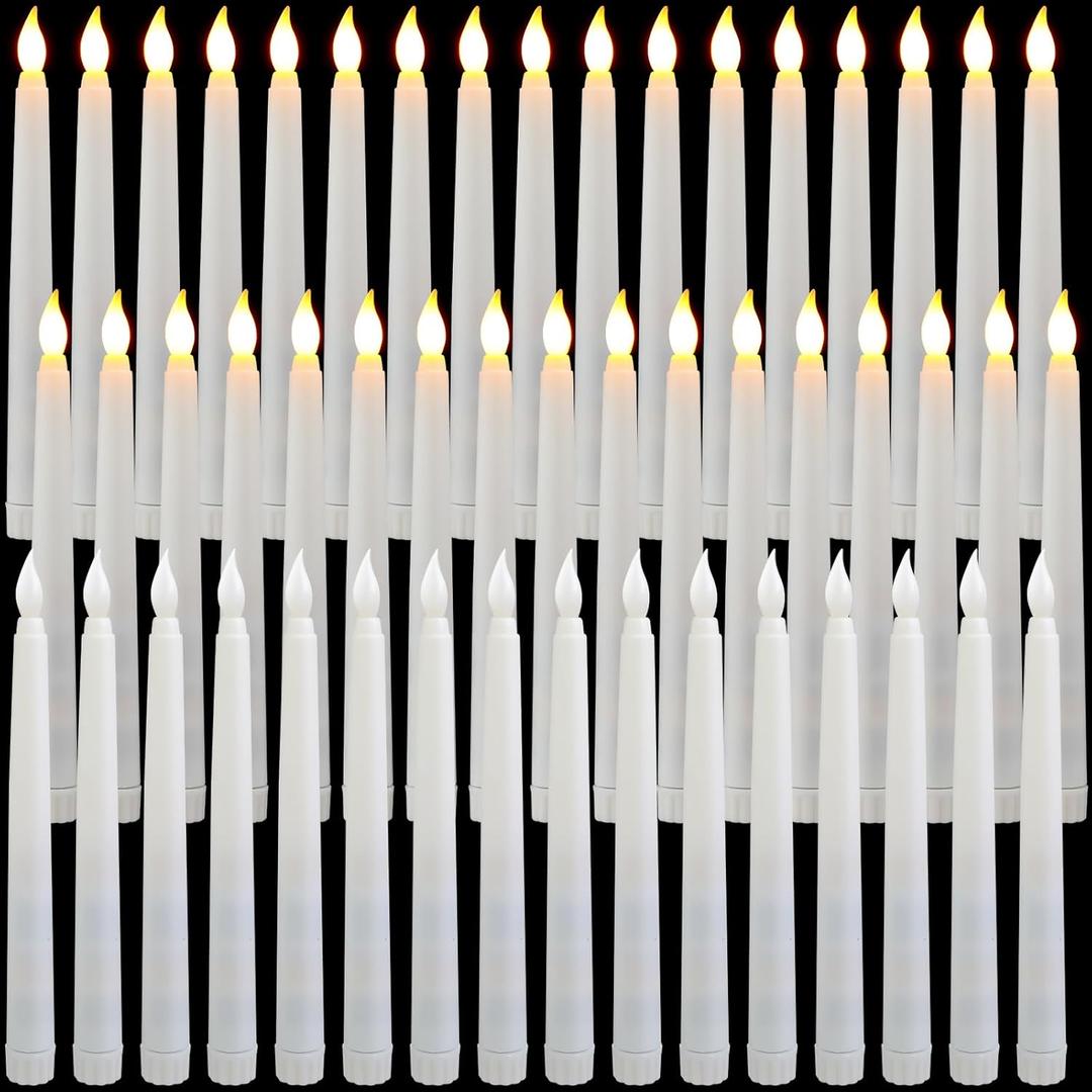 Baquler 50 Pcs 8.5 Inch LED Flameless Taper Candles Bulk Battery Operated Taper Candles Flickering Candlesticks for Wedding Church Valentines Day Table Decoration (White)