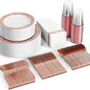FOCUSLINE 350 Ct Rose Gold Dinnerware Set for 50 Guests, Rose Gold Lace Plastic Plates Disposable Heavy Duty, Including 50 Dinner & Dessert Plates, Cups, Napkins, Cutlery Set