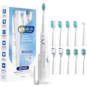 SEAGO Rechargeable Electric Toothbrush for Adults, Last for 30 Days with 5 Modes and 2 Mins Timer, Portable with 10PCS Brush Heads (White)