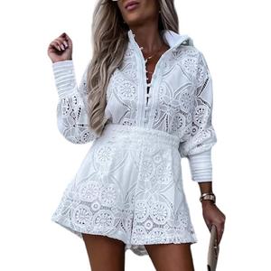 SOMTHRON Women's Summer Eyelet Lace Two Piece Outfits Long Sleeve Blouse Tops Shorts Floral Embroidery Set, Large