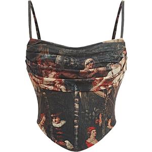 SOLY HUX Women's Graphic Figure Ruffled Bust Bustier Cami Top Sleeveless Slim Fit Y2K Corset Crop Tops Brown Graphic Small