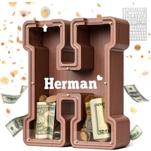 Summidate Wooden Letter Piggy Bank, Extra Thick Large Capacity Piggy Bank for Kids Boys Girls Toddler, Alphabet H Money Bank| Coin Box Birthday, Christmas, Festival