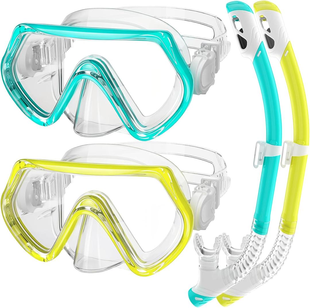2 Sets Kids Snorkeling Gear for Ages 3-14, Anti-Fog 180 Clear View Dry Top Snorkel Set, Swimming Mask with Nose Cover & Tempered Glass Goggles for Youth Boys Girls Junior (Small-Medium, Light Blue+Yellow)