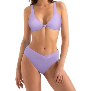 MOOSLOVER Women V Neck Knot Front High Waisted Bikini Sets High Cut Two Piece Swimsuit, Size: L