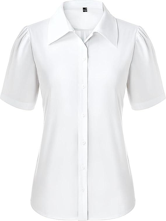 Button Down Shirts for Women Puff Short Sleeve Button Up Dress Shirts Collared Fitted Blouse Work Business Top L