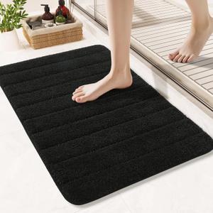 LOCHAS Bathroom Rugs, 24" x17" Bath Rug Non Slip Washable, Absorbent Microfiber Bath Mat Luxury Soft, Cozy Bathroom Carpet for Shower Quick Dry, Black