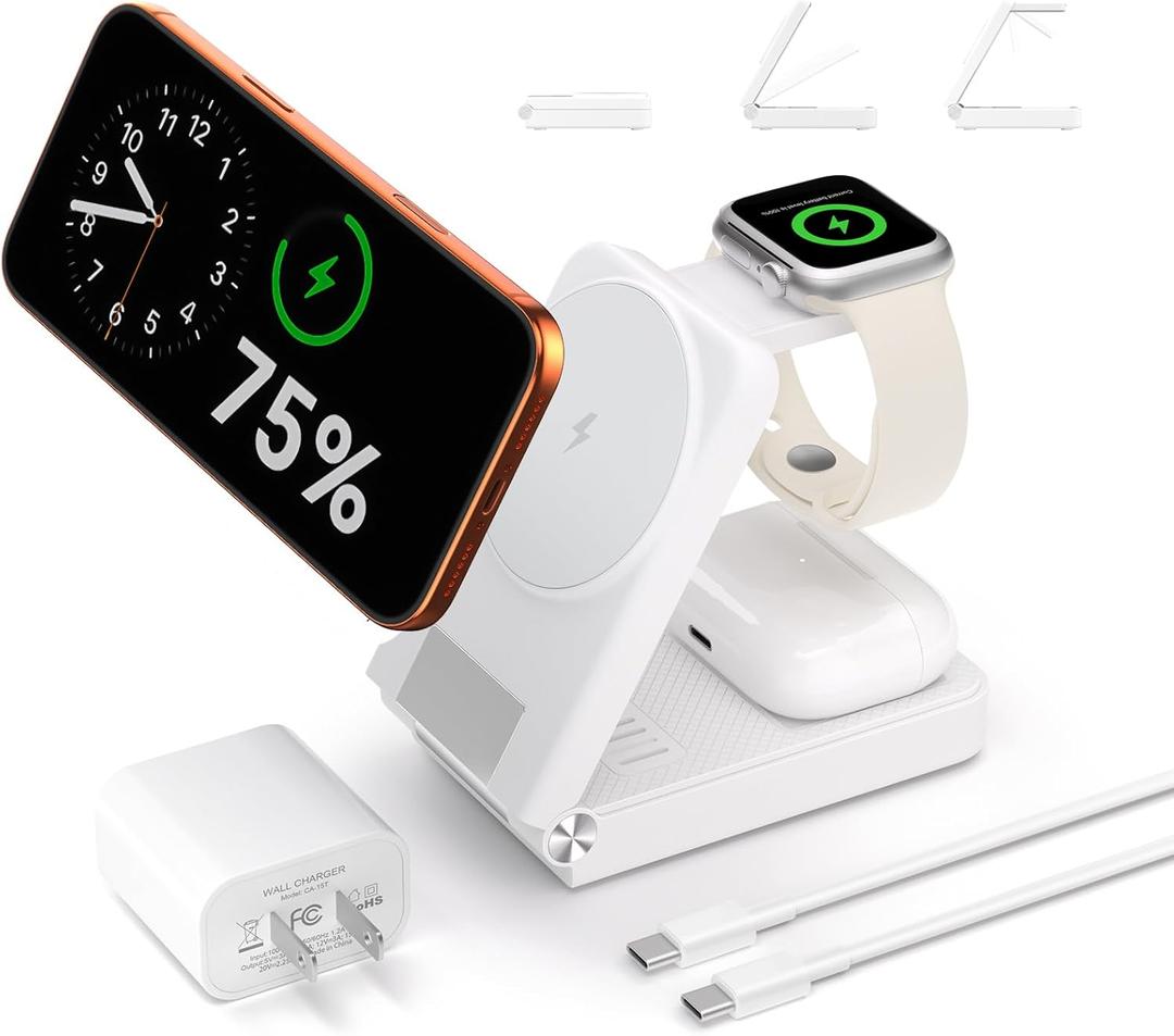  25W Foldable Magnetic Fast Wireless Charger Stand for Apple Multiple Devices, Travel Charger for iPhone 17 16 15 14 13 12 Series Watch AirPods 4/3/2/Pro