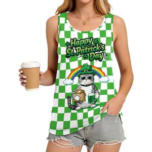 Women St. Patrick's Day Tank Tops Loose Green Lucky Shamrock Clover Printed Sleeveless Shirts, L