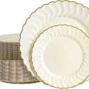 80pcs Ivory Thanksgiving Plastic Plates With Gold Rim, 10in Dinner Plate and 7in Dessert Plate Disposable Elegant Scalloped Plates for Party, Wedding