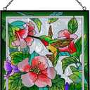 Stained Glass Window Hanging, Hand-Painted Suncatcher with Chain, Sunflower Butterfly and Hummingbird Hibiscus, Round, 7 Inch, Nature Theme, Home Decor Gift (Hummingbird)