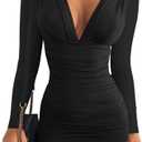 GOBLES Women's Sexy Long Sleeve V Neck Ruched Bodycon Mini Party Cocktail Dress (Medium, Black)