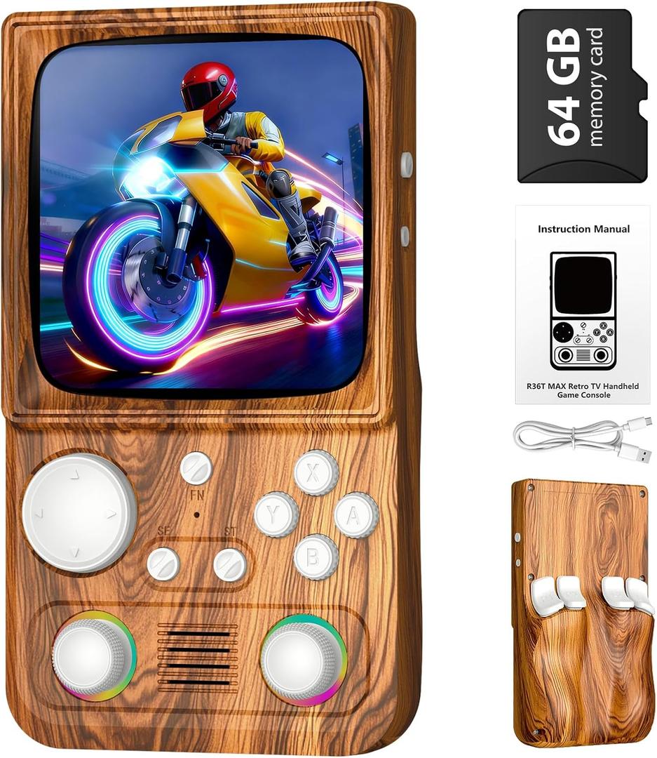 R36T MAX Upgraded Retro Handheld Game Console with 4000mAh Battery, 4.0'' IPS Screen, Retro Gaming Console with Portable Case, Supports WiFi Networked Fighting and OTG(Wood Grain Brown)