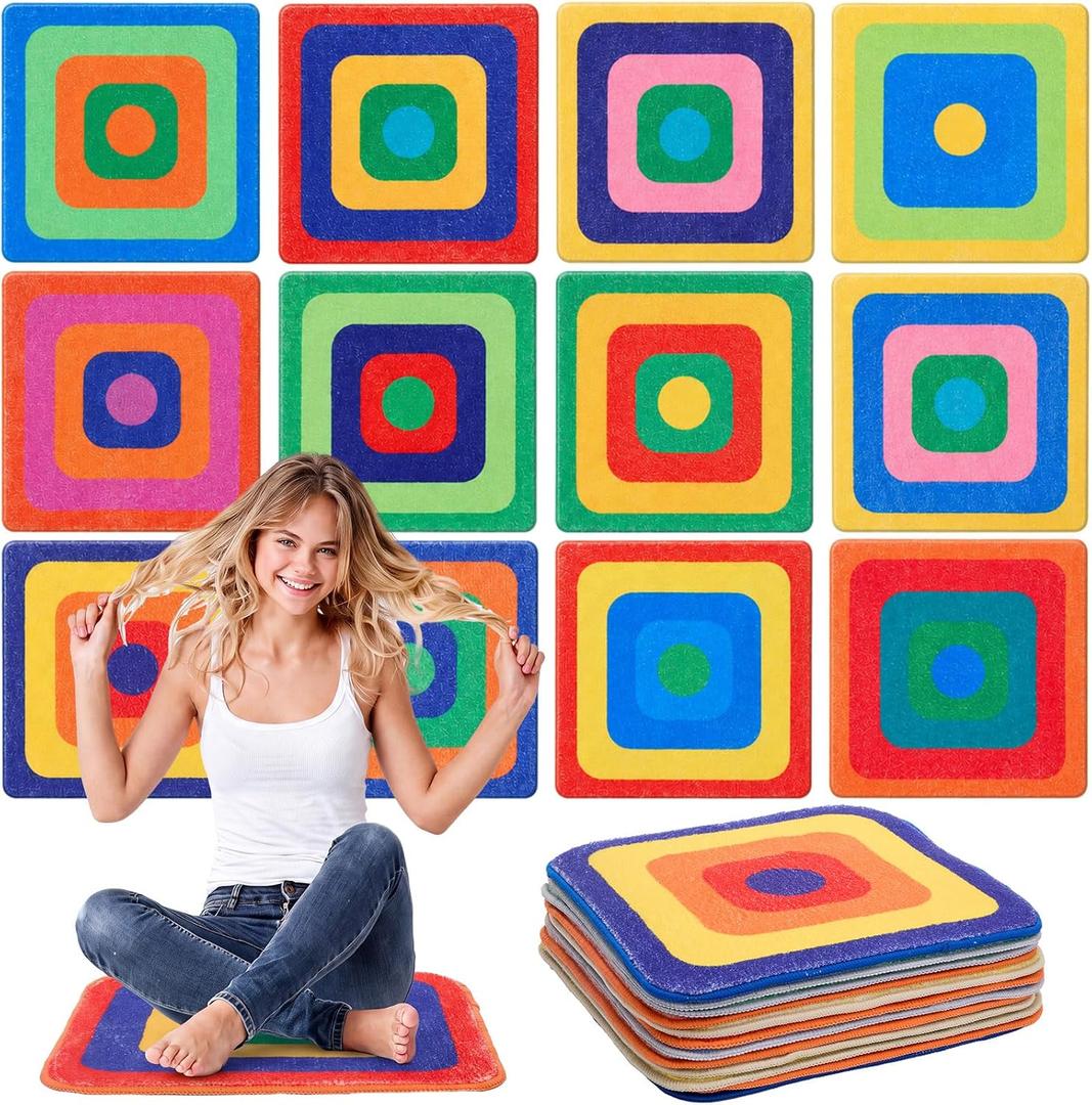 Drydiet 12 Pcs Carpet Seats for Classroom 16" Square Rug Seat, Rainbow