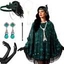 6 Pcs 1920s Flapper Costume Accessories Set for Women Fringed Poncho Flapper Shawl Outfits (Black Green)