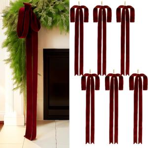 Janinka 6 Pcs Burgundy Large Velvet Christmas Swag Bow 31.5 x 23.6 inch Vintage Christmas Ornament Wine Red Rustic Velvet Staircase Wreath Bows Xmas Tree Topper Bows Large Bow for Outdoor