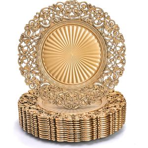 Foraineam Gold Charger Plates Set of 12, 13" Round Plastic Dinner Chargers, Decorative Hollowed Out Flowers Serving Plates for Table Setting, Catering, Wedding, Party, Event