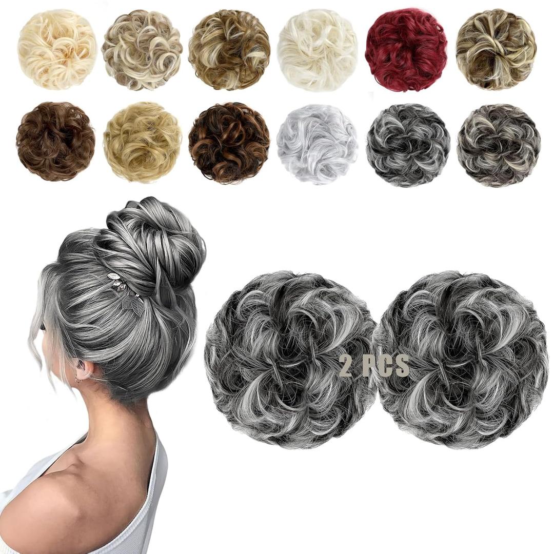 2 PCS Messy Bun Hair Piece Wavy Curly Scrunchies Synthetic Chignon Ponytail Hair Extensions Thick Updo Hairpieces for Women Girls(Natural Black Mix Silver Grey)