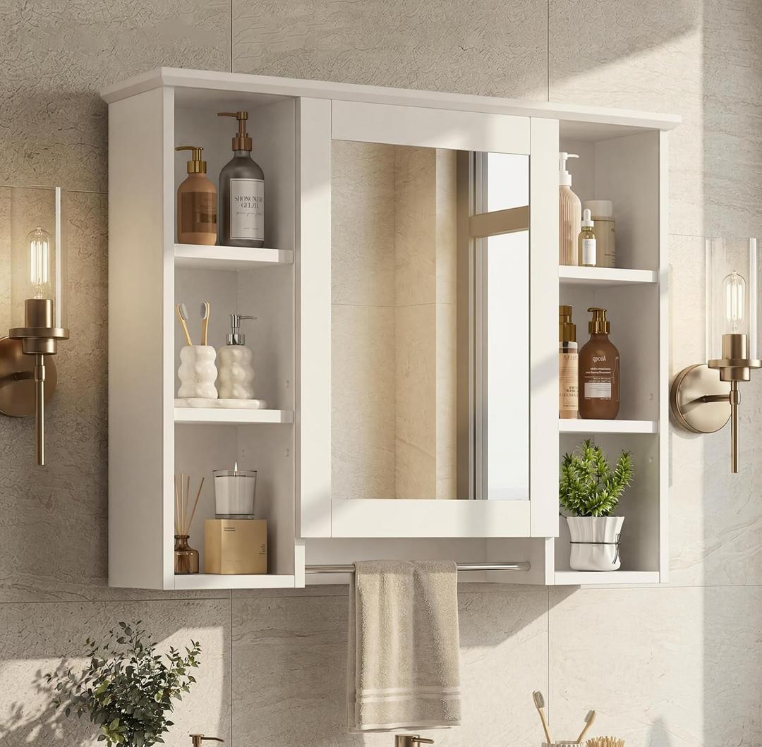 Bathroom Wall Cabinet with Mirror & Towel Bar, 3 Adjustable Shelves, White, 31.5"W x 7.9"D x 23.6"H