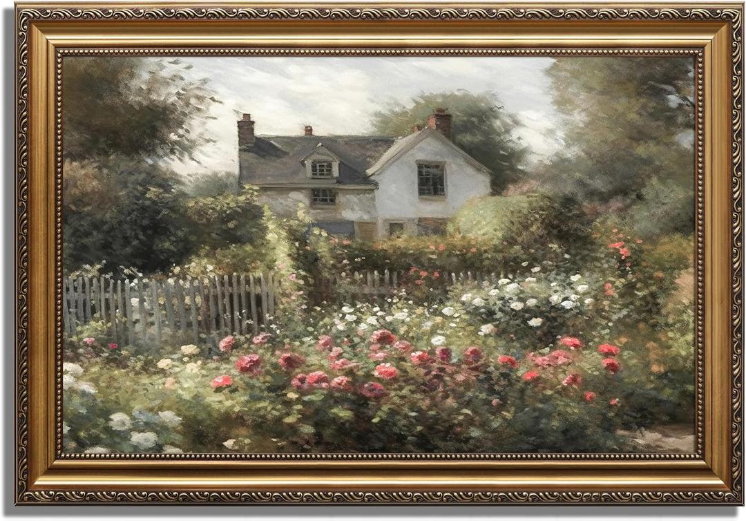 KBKBART Gold Framed Vintage Wall Art, Vintage Wildflower Countryside Canvas Oil Painting Wall Art, Rustic Antique Landscape Spring Decor Bathroom Decor for Bedroom Living Room, Gifts for Friends or Family(16"x24") (Garden)