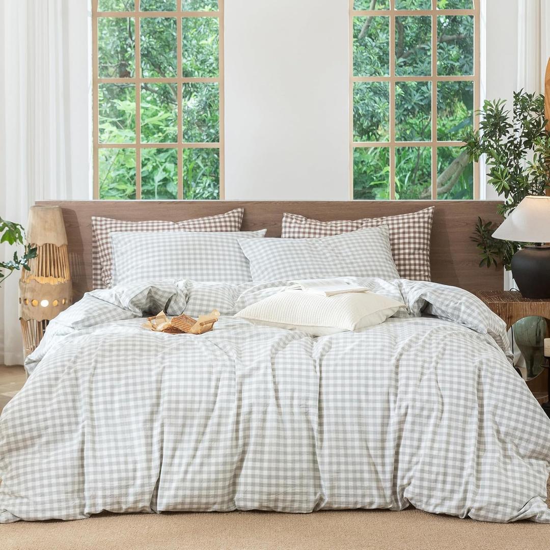 MooMee Gingham Duvet Cover Set 100% Washed Cotton Linen Like Textured Breathable Durable Soft Comfy Modern Checkered Design (Northern Droplet Grey Gingham, King 104"x90")