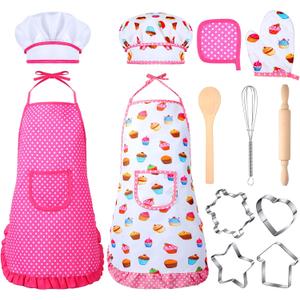 Cunhill 13 Pcs Kids Cooking and Baking Set Chef Costume Kids Toddler Dress up Pretend Play Kitchen Toys Birthday Children Chef Role Play Sets for 2 to 6 Year Old Girls