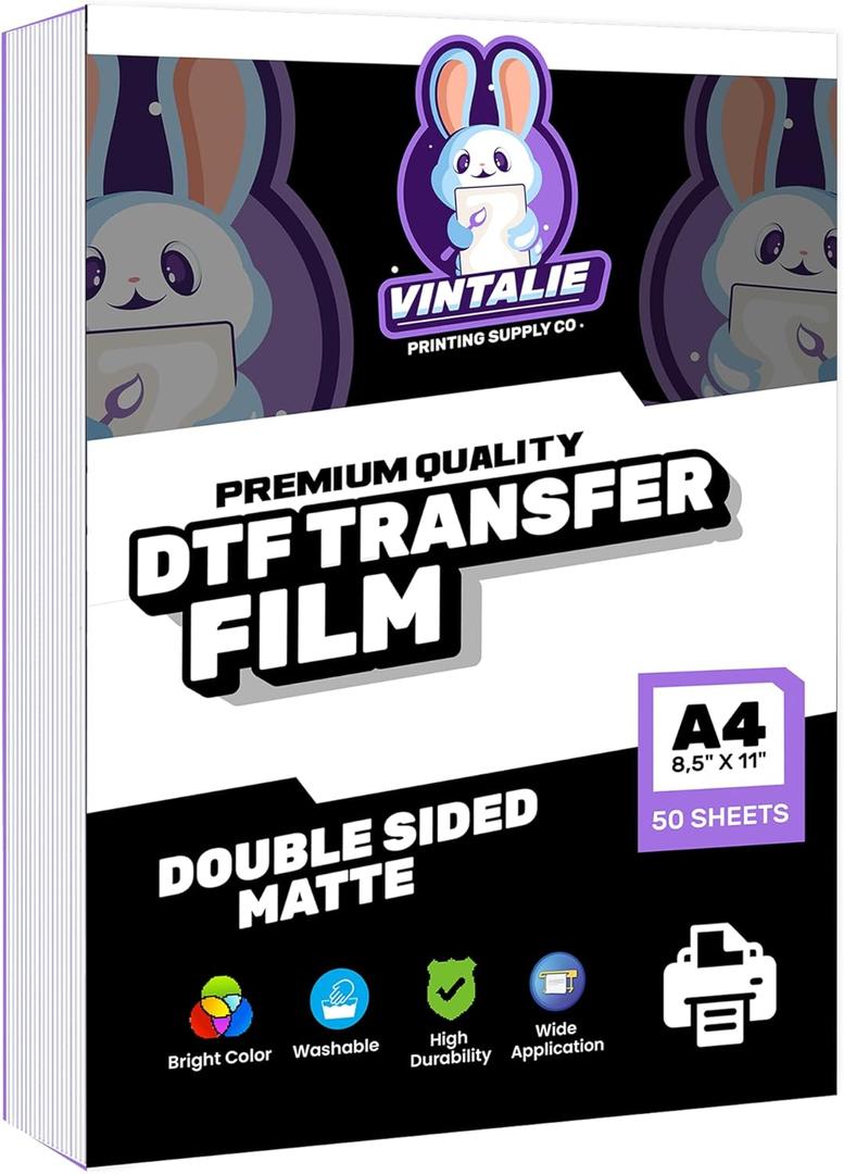 Vintalie DTF Transfer Film  A4 (8.5x11)50 Sheets Premium Matte Double Sided DTF Film PET Transfer Paper Direct to T Shirts